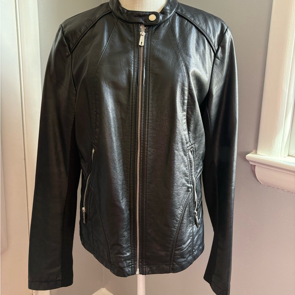 Kenneth Cole, Black Faux Leather Moto Bomber Jacket
